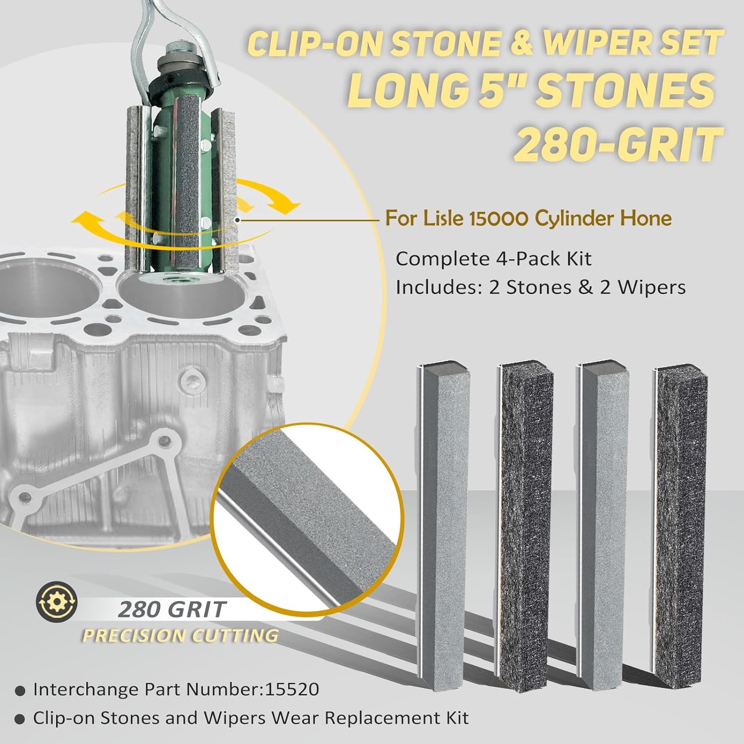 15520 Engine Cylinder Hone Replacement Stones 5-Inch long 280 Grit 4 -Pack