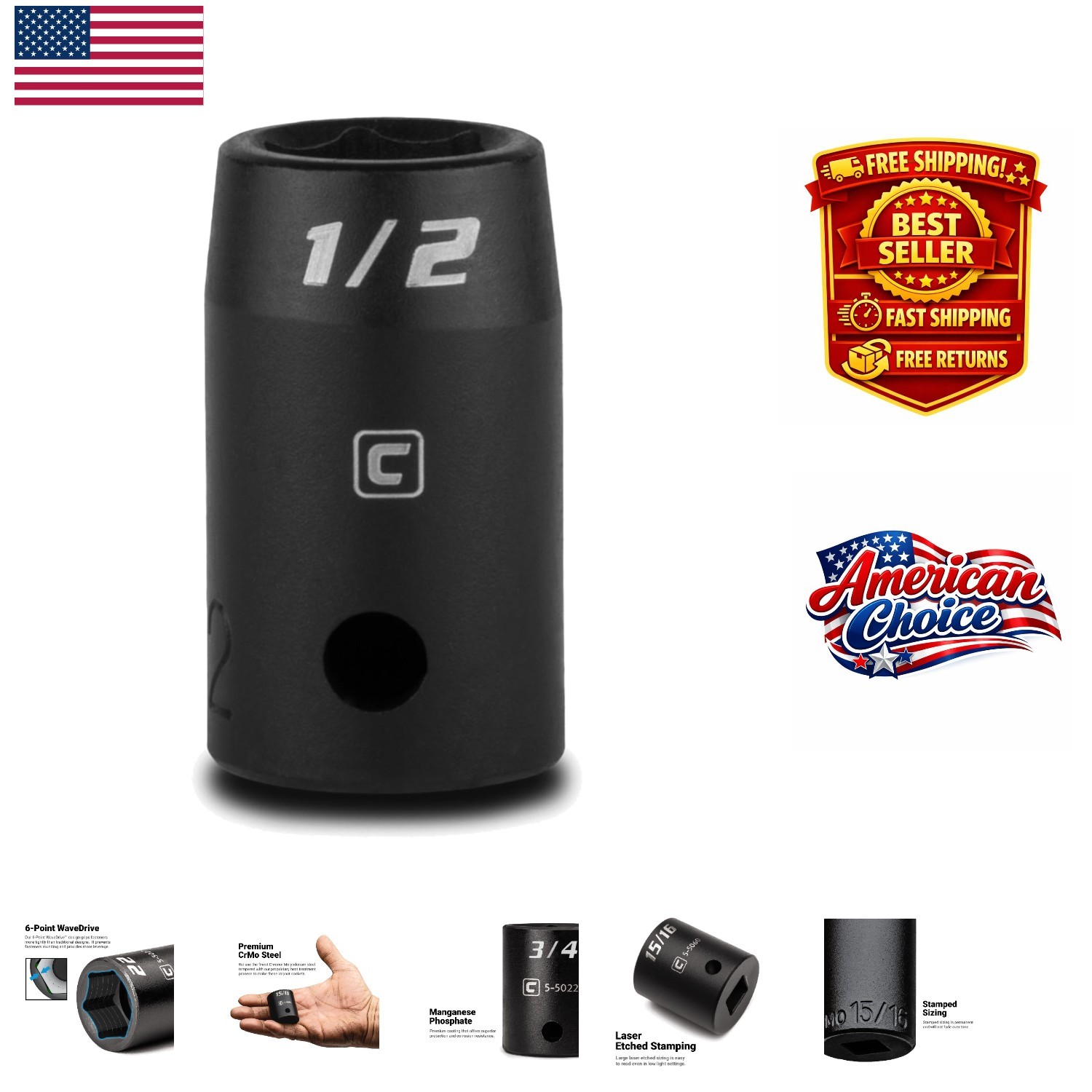 Durable 1/2-Inch Impact Socket – Professional Grade, Manganese Phosphate Coated