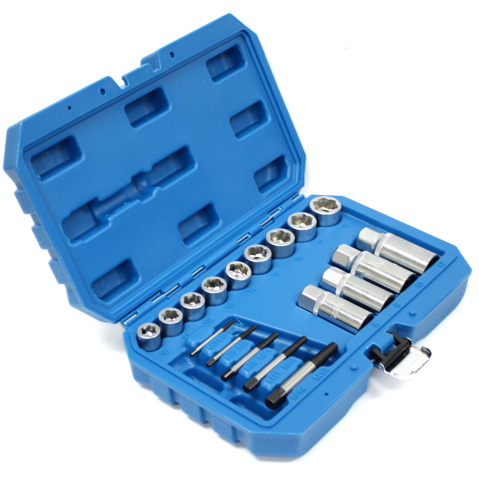 18pcs Damaged Bolt Nut Stud Screw Remover Extractor Sockets Set 1/2″ 3/8″ Dr.