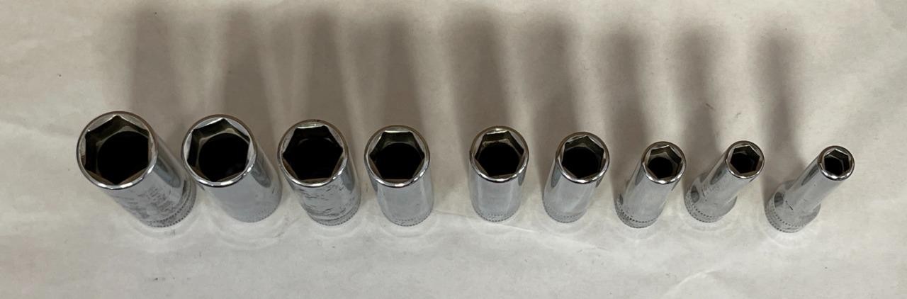 SNAP-ON 9 PC 1/4″ DRIVE 6 PT DEEP SOCKETS (5.5mm STMM5.5- 14mm STMM14) USED.