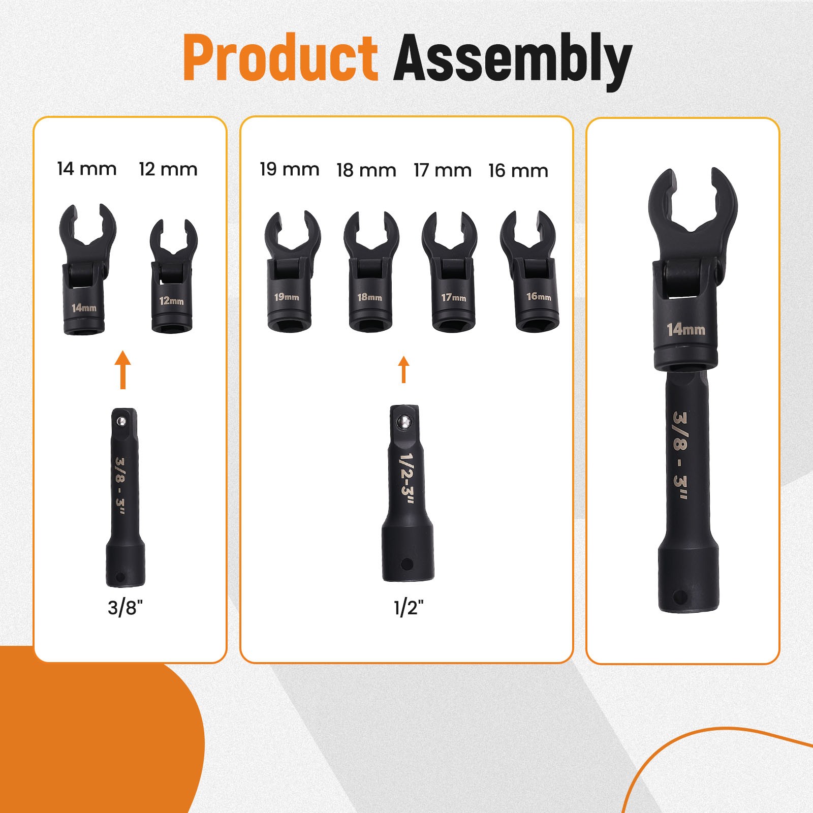 180° Flex Head Line Wrench Set 12-19mm for Brake Fuel System Service 8PC Kit