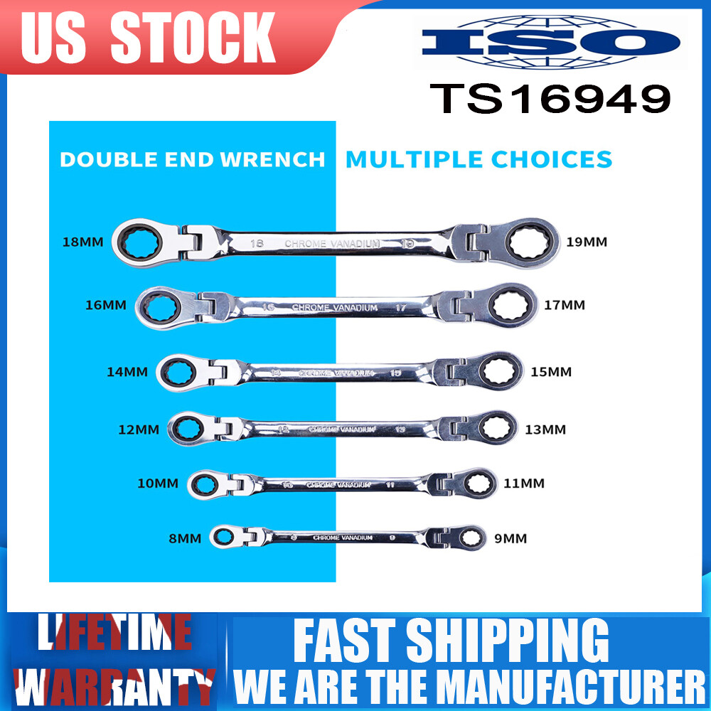 6Pc Extra Long Ratcheting Wrench Spanner Set Double Box End Flex-Head SAE Metric