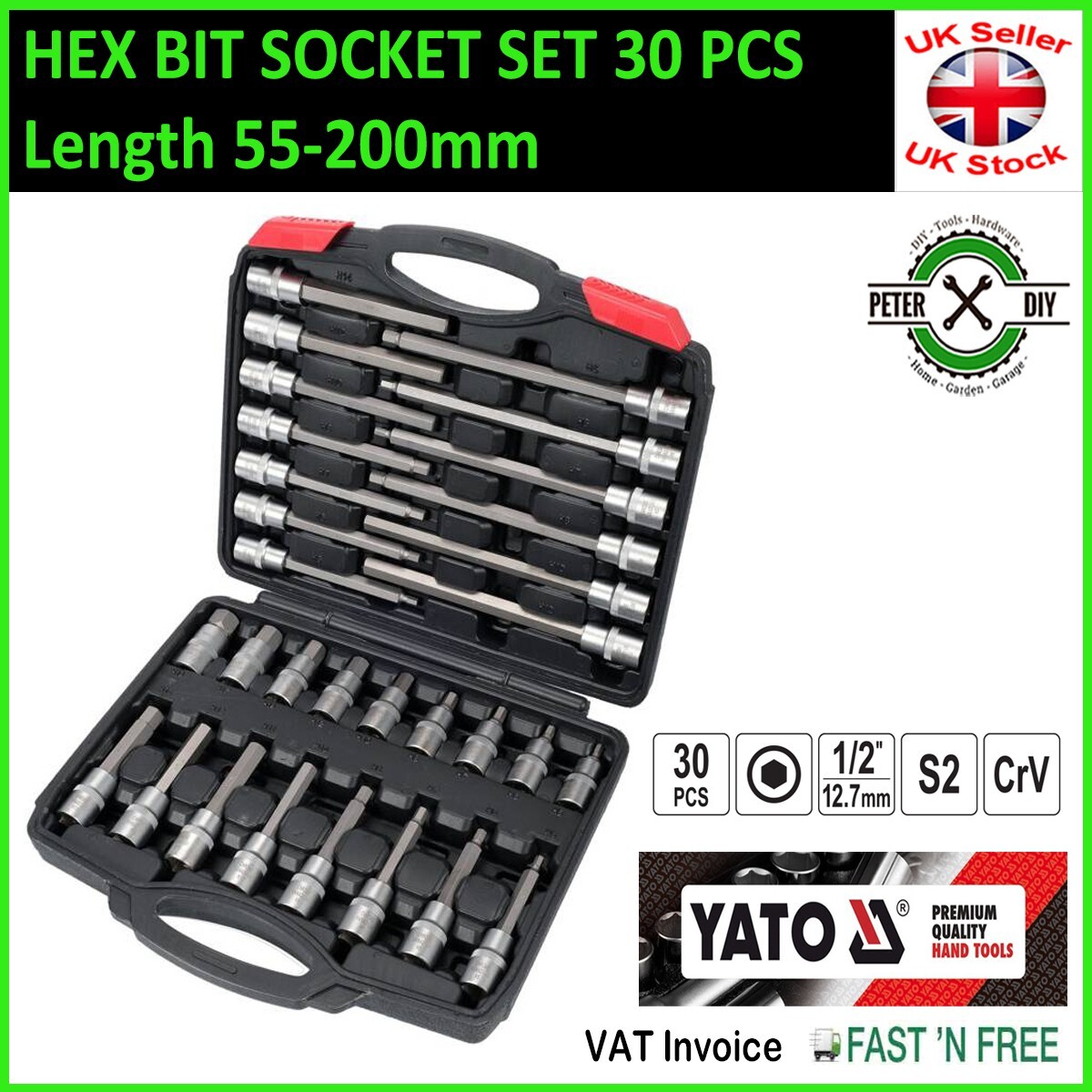 HEX BIT SOCKET SET 30 PCS Length 55-200mm S2 steel 1/2″ Drive YATO YT-77540