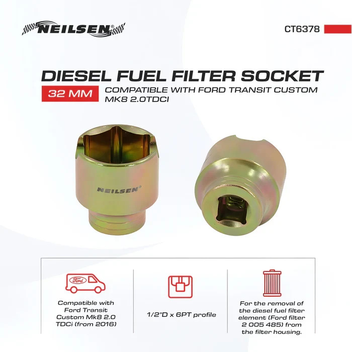 Neilsen Diesel Fuel Filter Metric Single Socket Ford Transit Custom Mk8 32mm