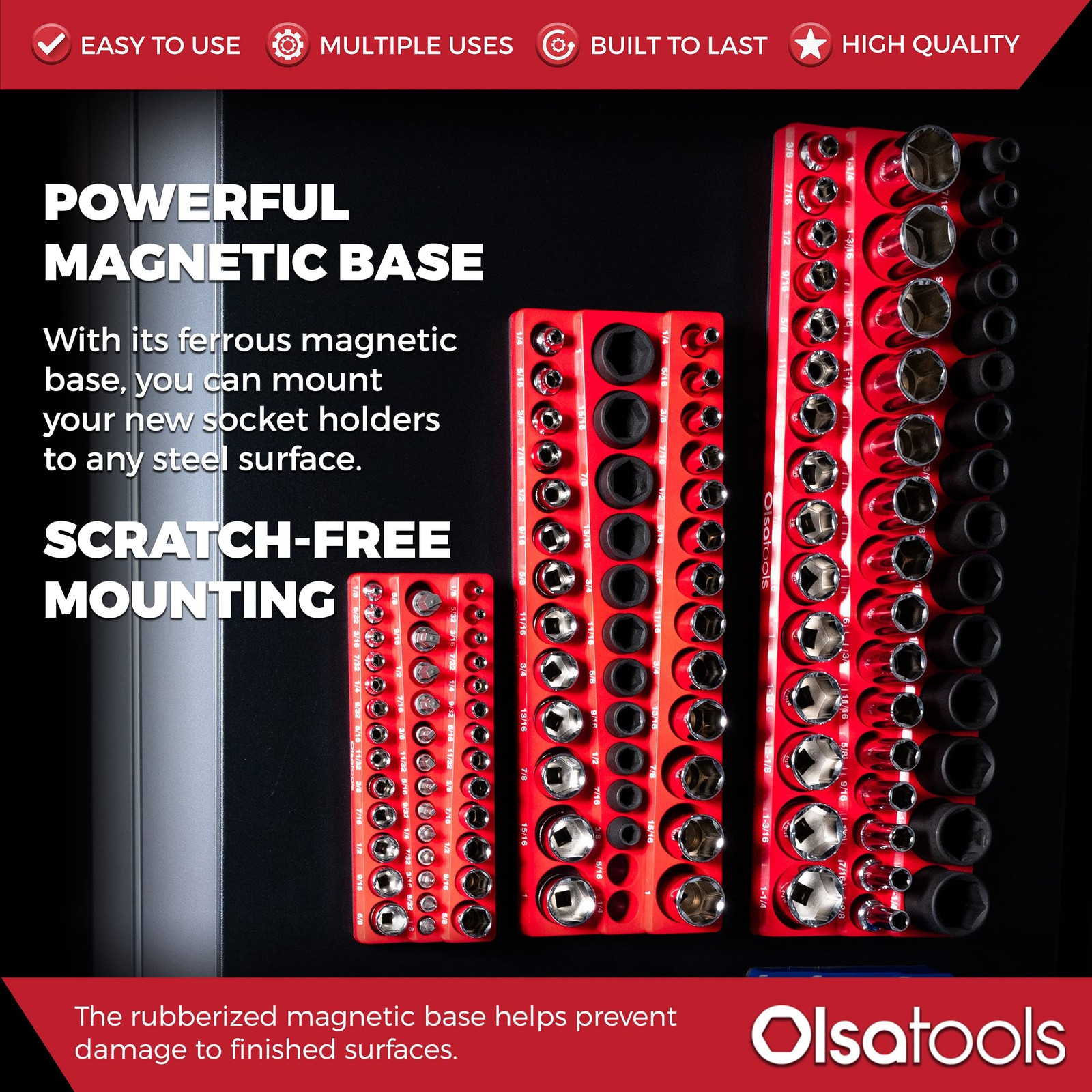 Magnetic Socket Organizer 1/4 3/8 1/2 SAE 123 Sockets Red 1560 Olsa Tools Drive