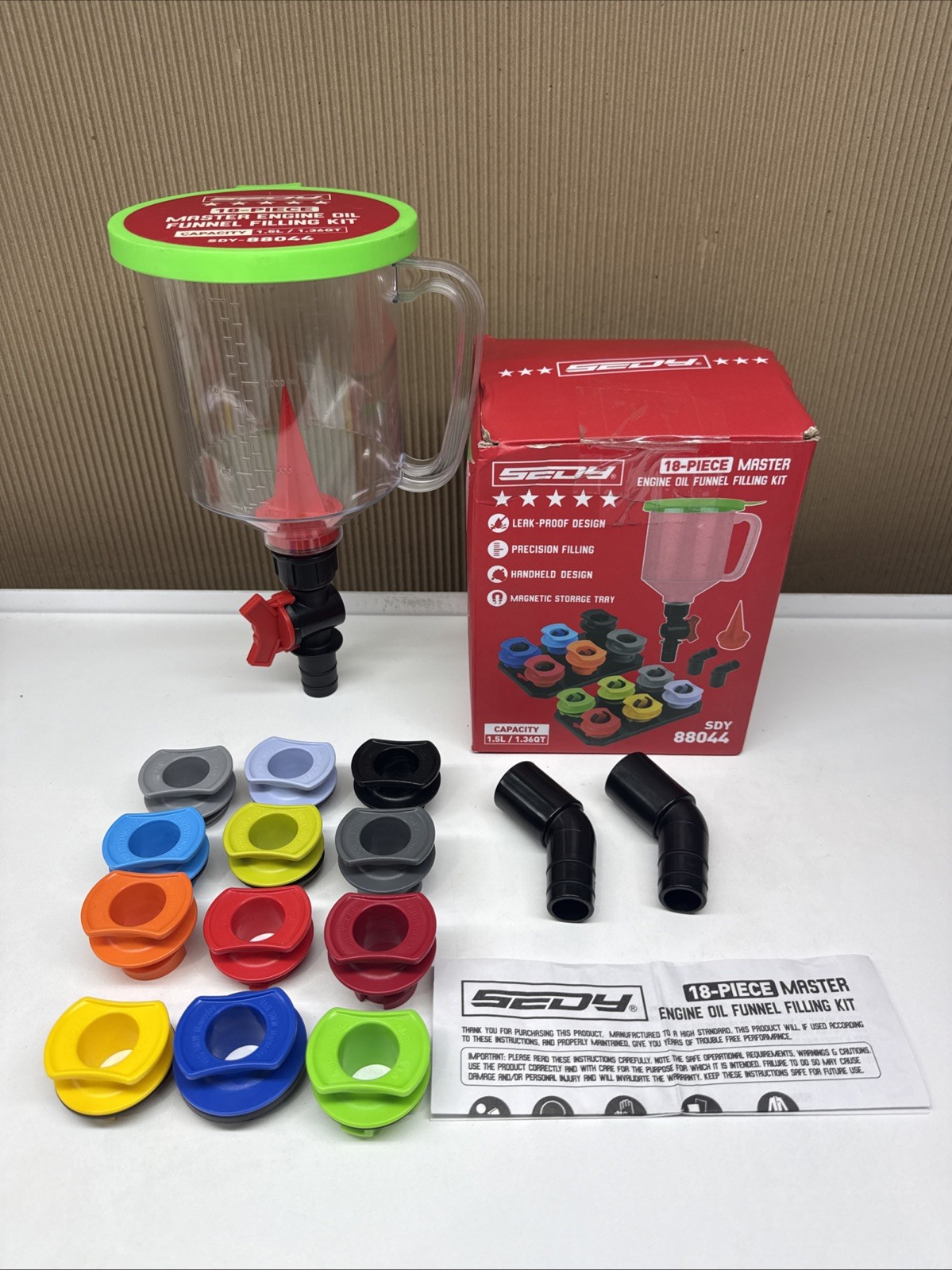 18 PCs Sedy Master Engine Oil Funnel Filling Kit Universal Colour Coded Open Box