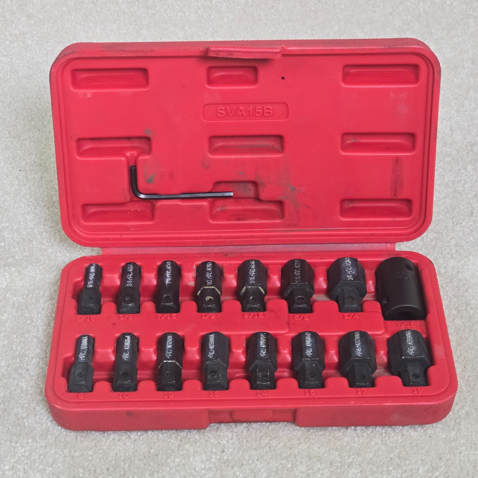 Mac Tools 16pc Hex Bit Driver Set Metric SAE SVA15B Case 8mm-19mm