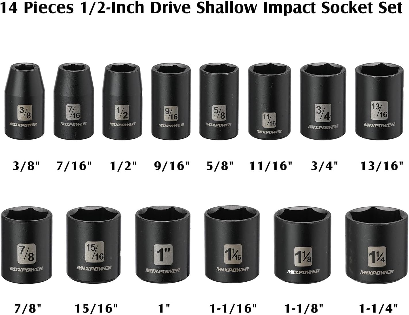 Versatile 1/2-Inch Drive Shallow Impact Socket Set – 14 Pieces, Heavy-Duty CR-V