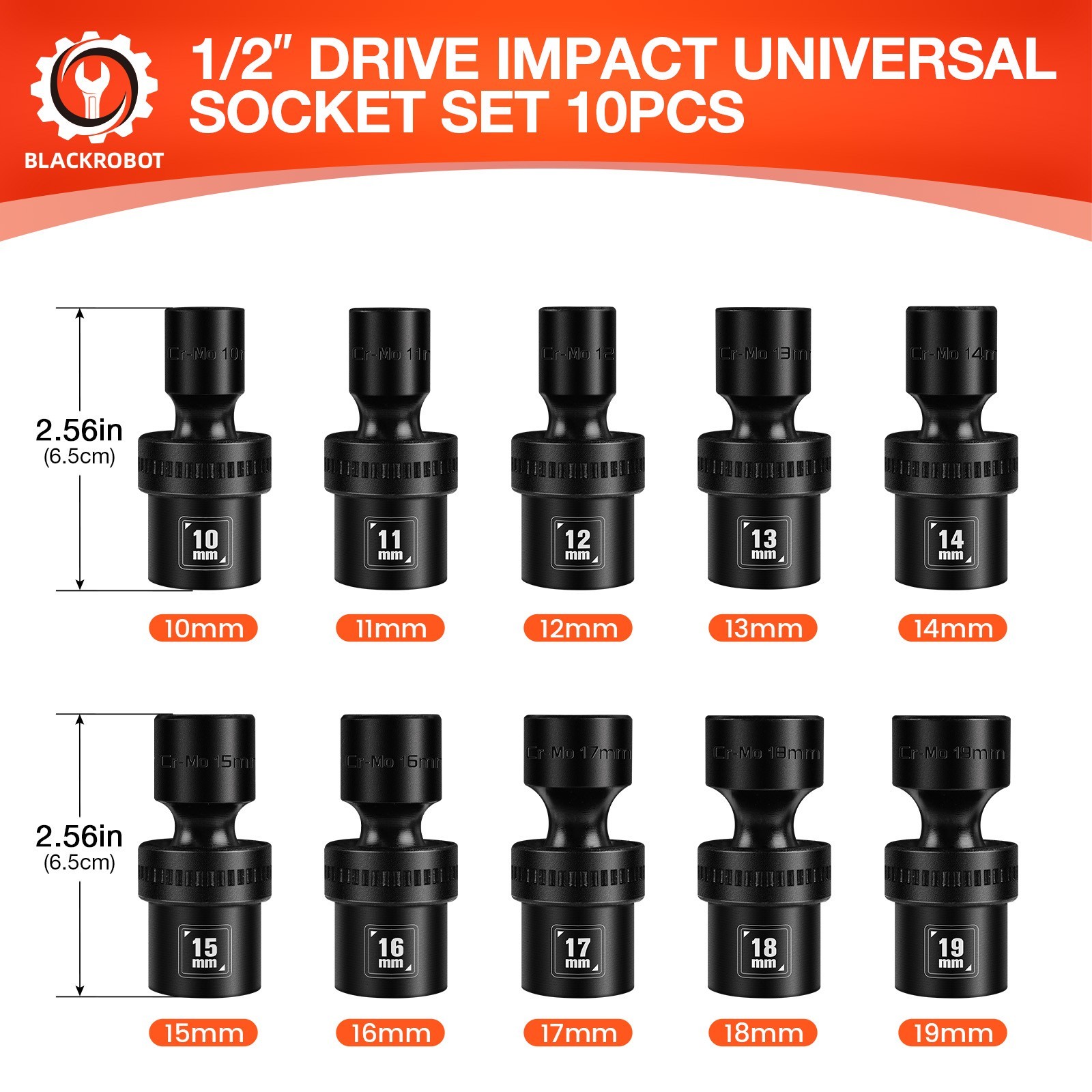 1/2″ Drive Swivel Socket Set, 10-Pcs Metric Size (10-19mm), Shallow Socket Set