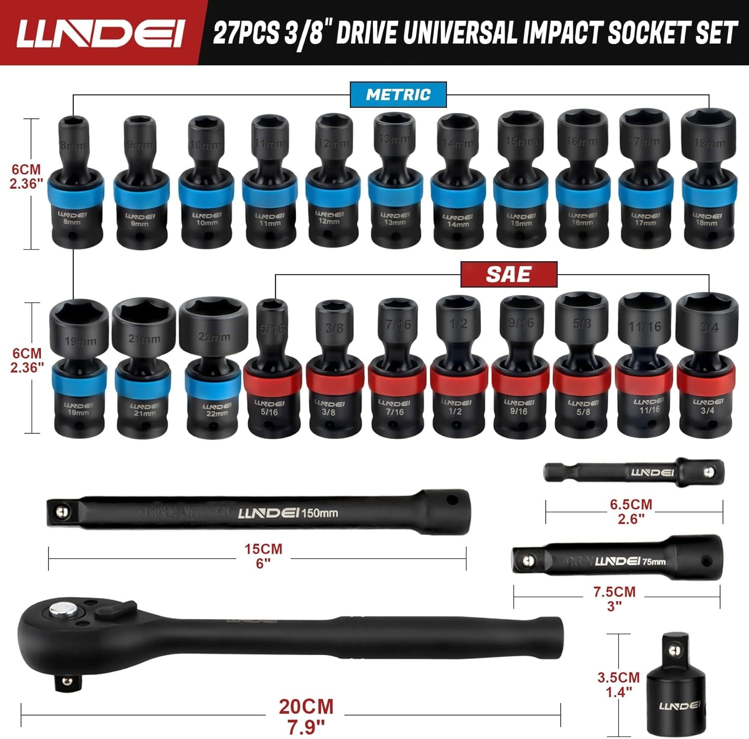 27Pcs 3/8″ Drive Swivel Impact Socket Set, CR-MO Swivel Socket Set Metric8-22…
