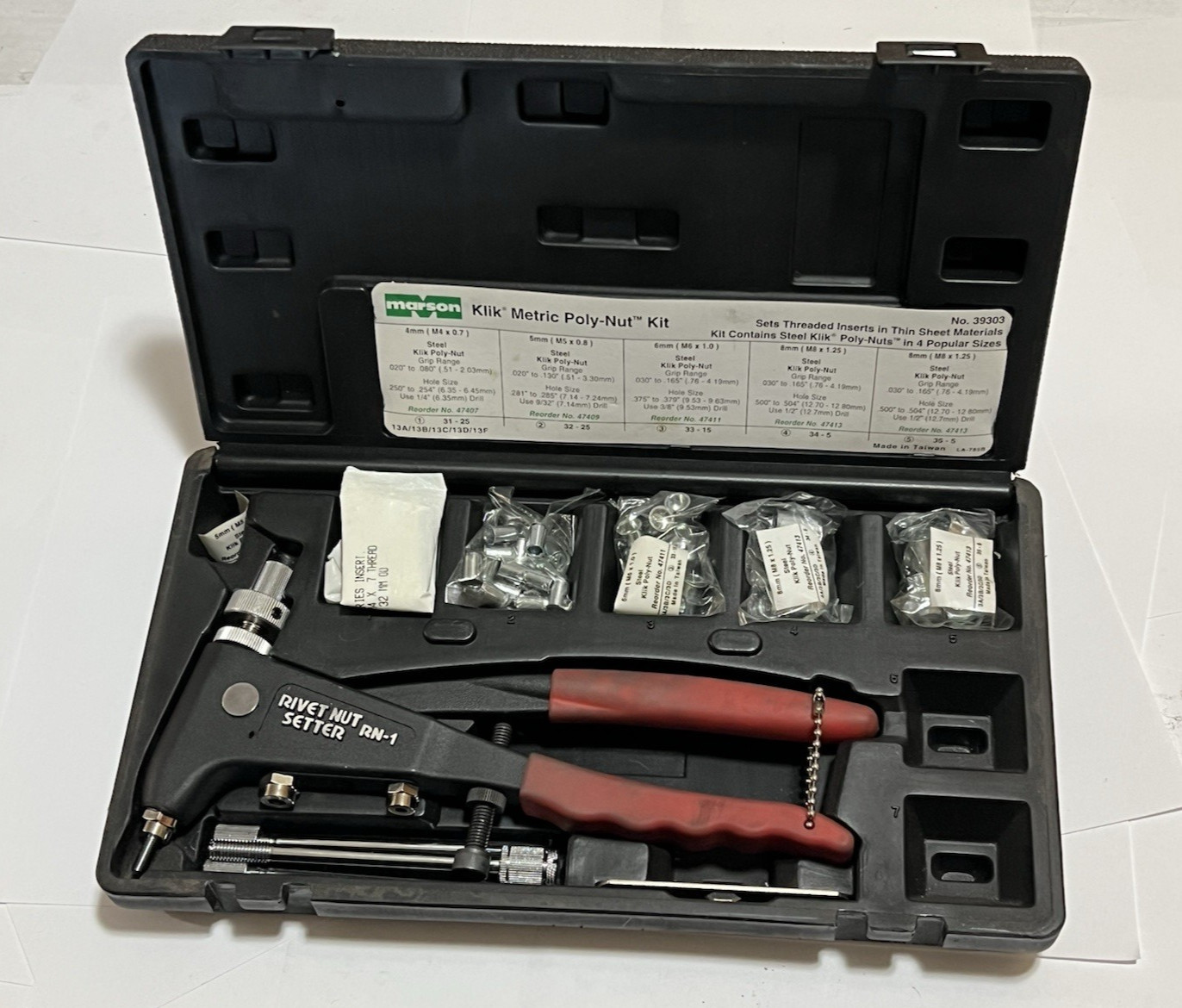 Marson 39303 Metric Steel Poly-Nut Rivet Nut Setter Installer Set M4 M5 M6 M8