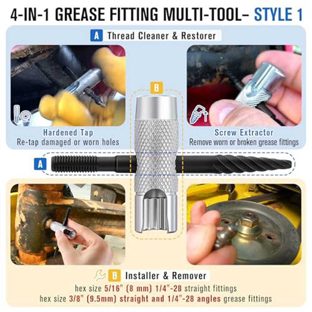 Dual Function Grease Zerk Tool Silver Socket and Black Tap for 1 8 1 4 Threads