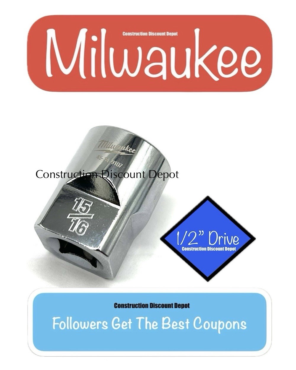 Milwaukee 15/16″ in. 1/2″ Drive SAE 6 Point Standard Shallow Socket 45-34-9107