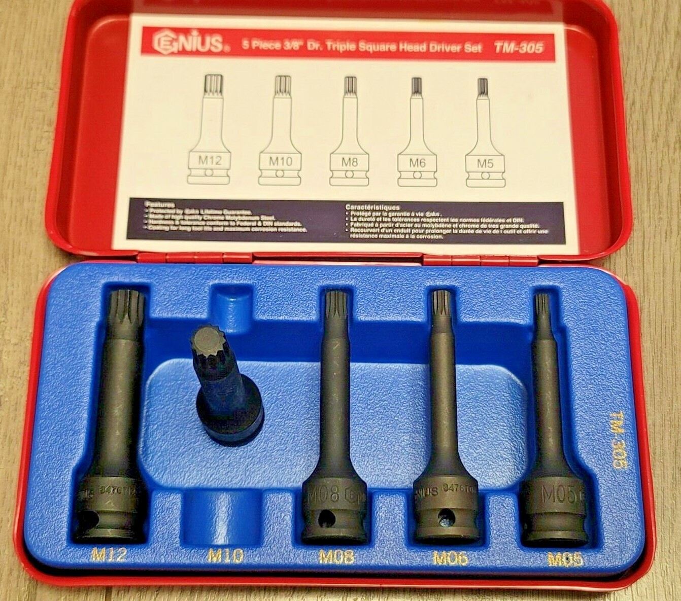 Genius Tools 5pc 3/8″dr XZN Triple Square Impact Bit Socket Set M5-M12 #TM-305