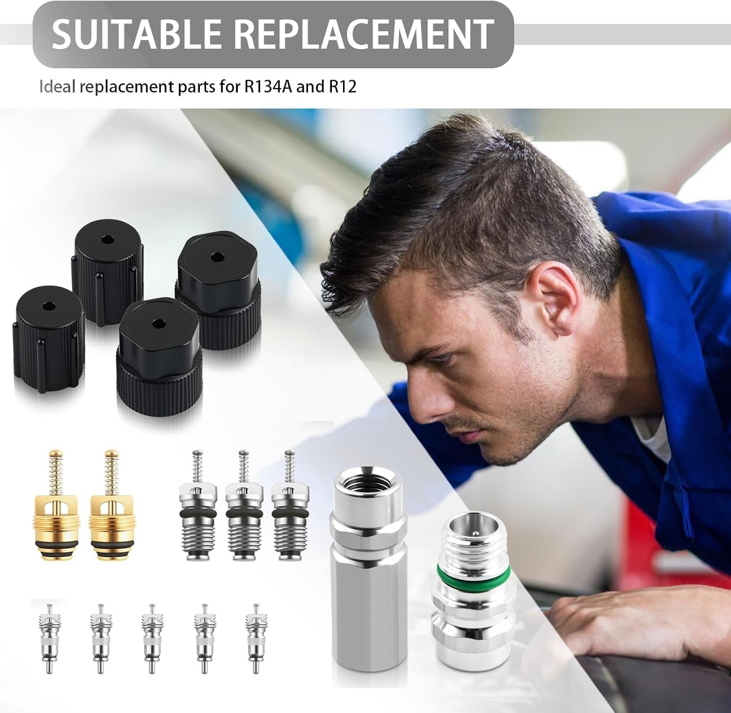 17PCS A/C Valve Stem Core Set Tool Cores Port Cap Cooling Capacity