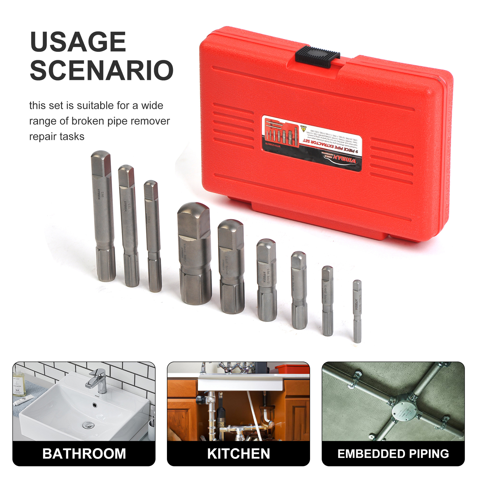 9pcs Pipe Extractor Set, 1/8″ – 1 Inch, Broken Pipe Extractors for Damaged Parts