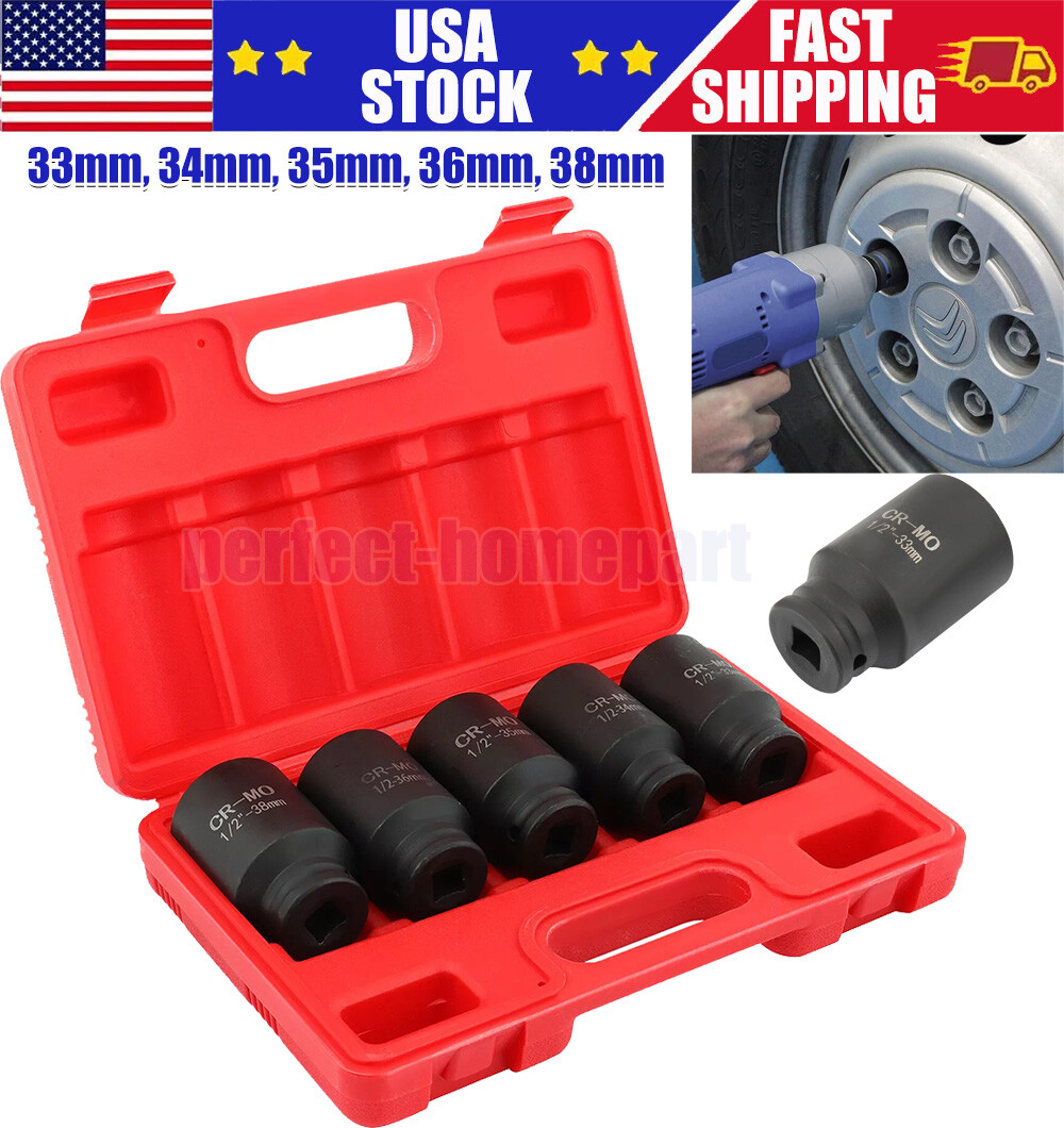 5Pcs 1/2″ Drive Deep Impact Axle Hub Socket Set 6 Point 33mm 34mm 35mm 36mm 38mm