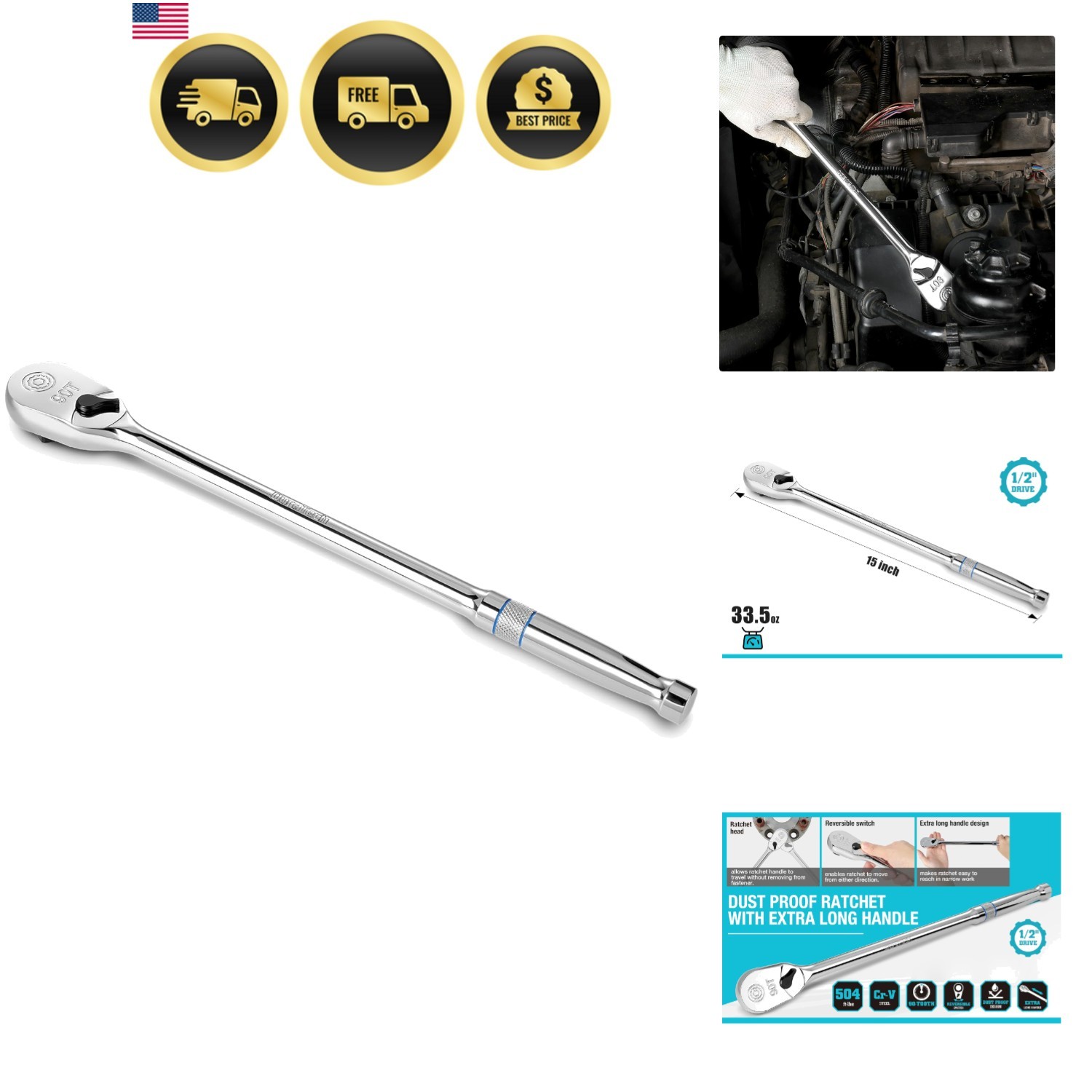Extra Long Handle 1/2-Inch Drive Ratchet, 90-Tooth Ratchet Wrench with 15″ Ha…