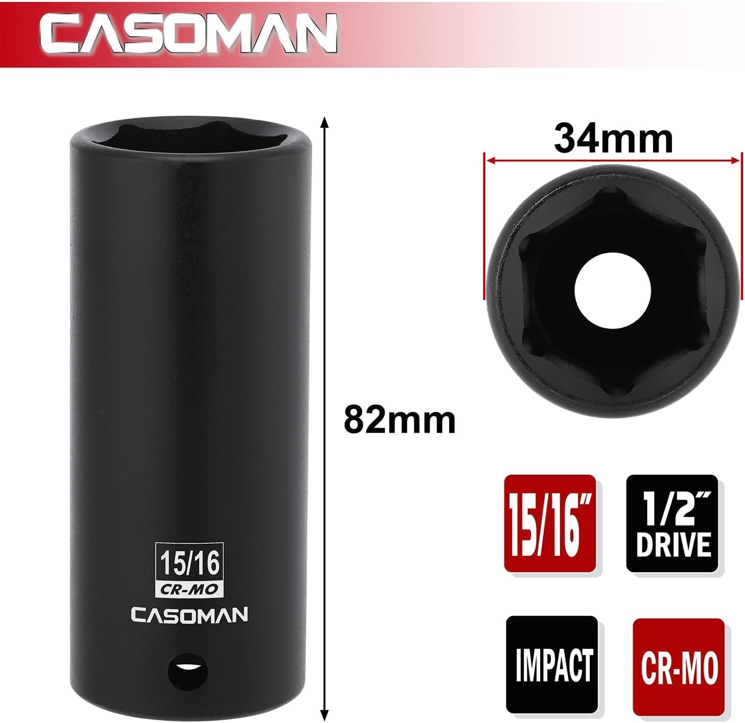 Durable Chrome Molybdenum 1/2″ Drive 15/16″ Deep Impact Socket – 6-Point Grip