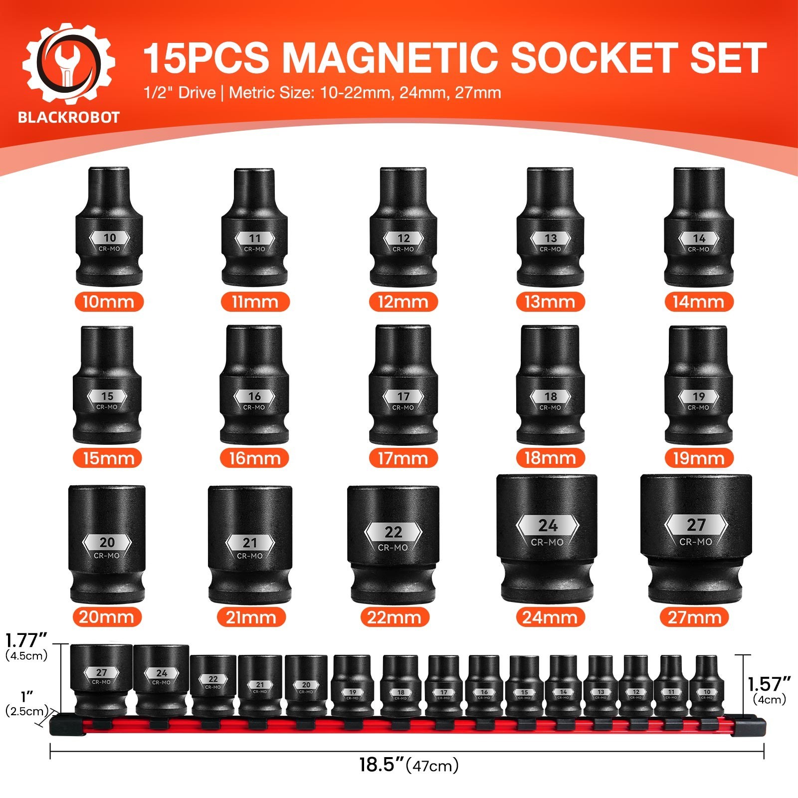 1/2″ Drive Magnetic Impact Socket Set, 15-Pcs Metric size (10-22, 24, 27mm)