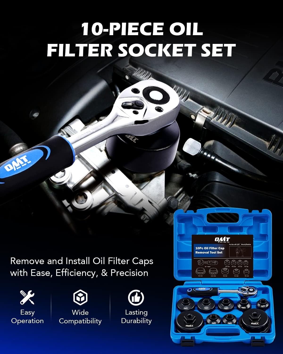 10pc Oil Filter Wrench and Socket Set, 3/8″ Drive, Universal Removal Tool
