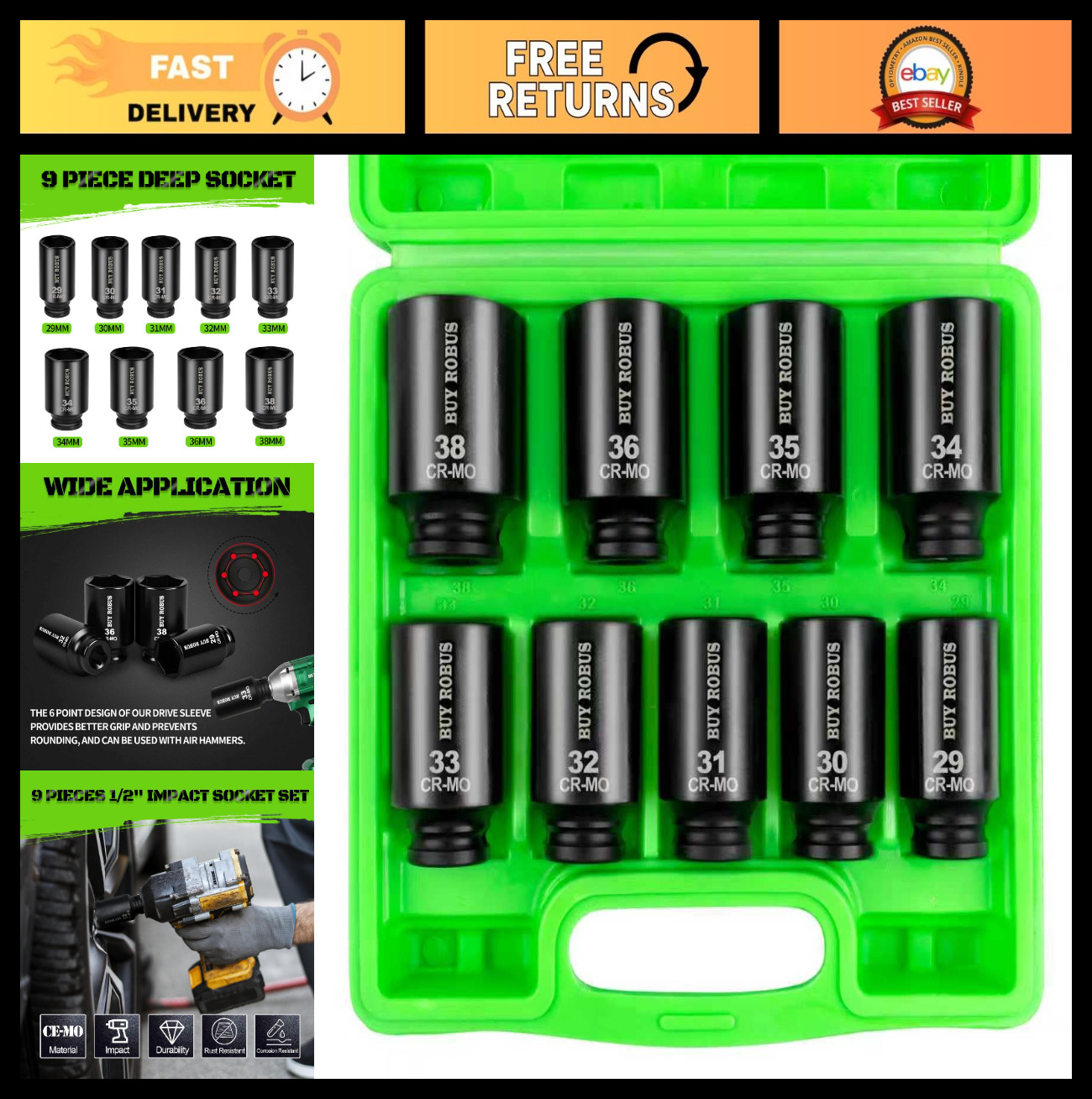 9-Piece 1/2″ Drive Deep Impact Socket Set – Metric Axle Nut Sockets 29mm-38mm, 6