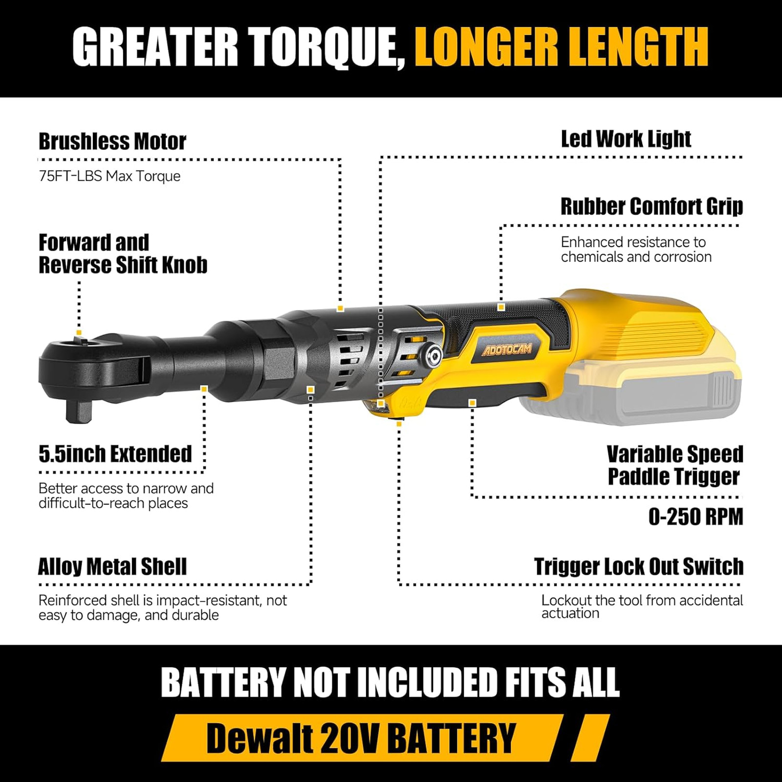 3/8″ Cordless Ratchet Wrench for Dewalt 20V Battery(Tool Only),75FT-LBS(102N.m