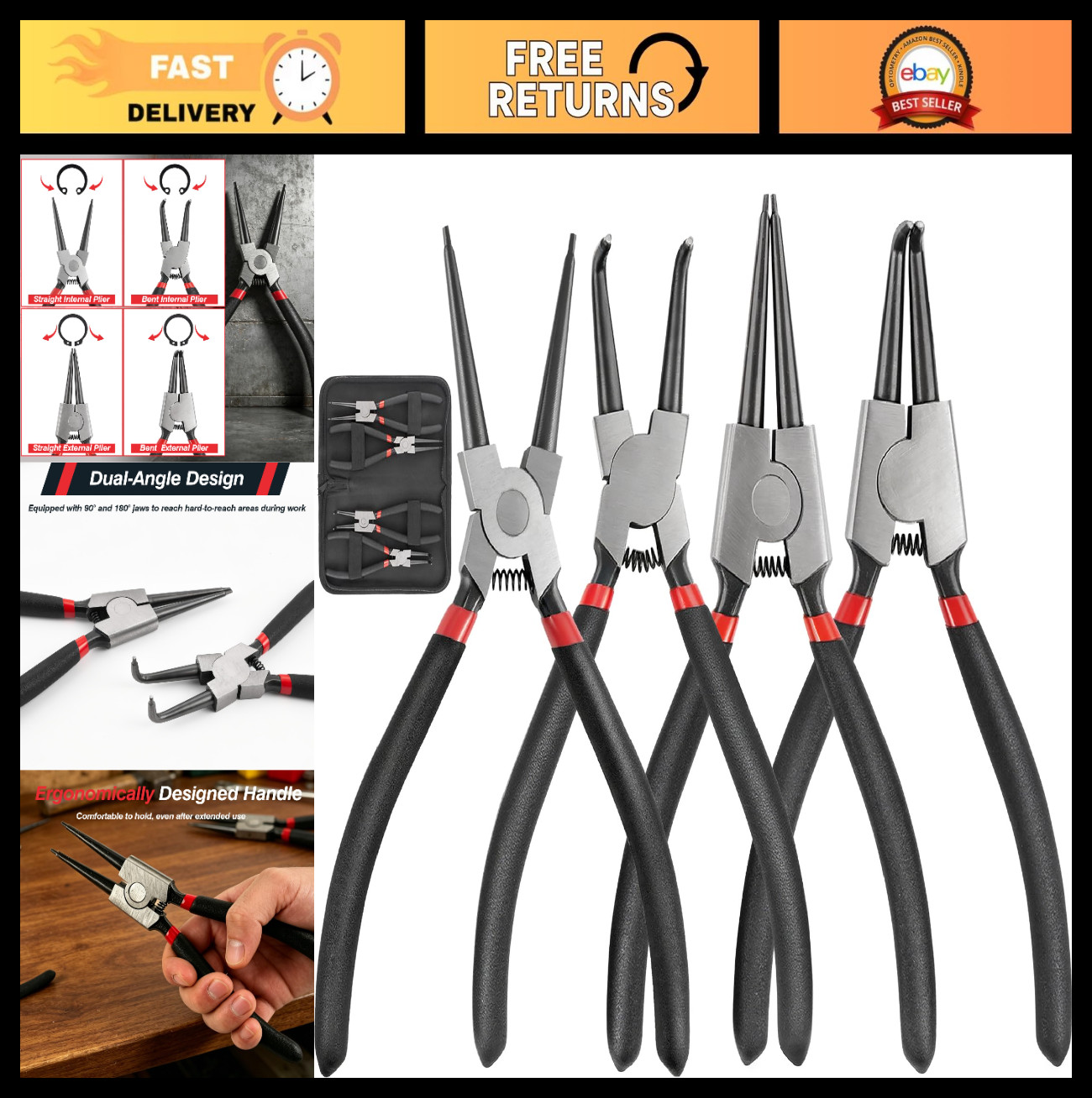 4Pcs Heavy Duty Snap Ring Pliers Set – 7″ Circlip Tool Kit for Internal/External