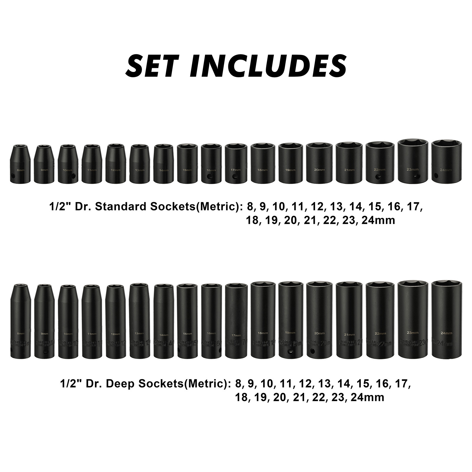 1/2″ 70 Pieces Impact Socket Master Set, SAE & Metric from 5/16″-1-1/4″, 8-24mm