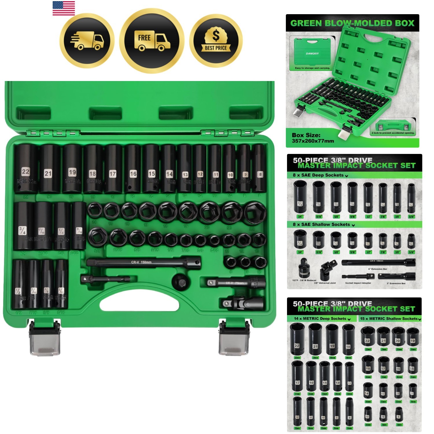 3/8″ Drive Impact Socket Set, 50 Piece Standard SAE 5/16 to 3/4 inch and Metr…