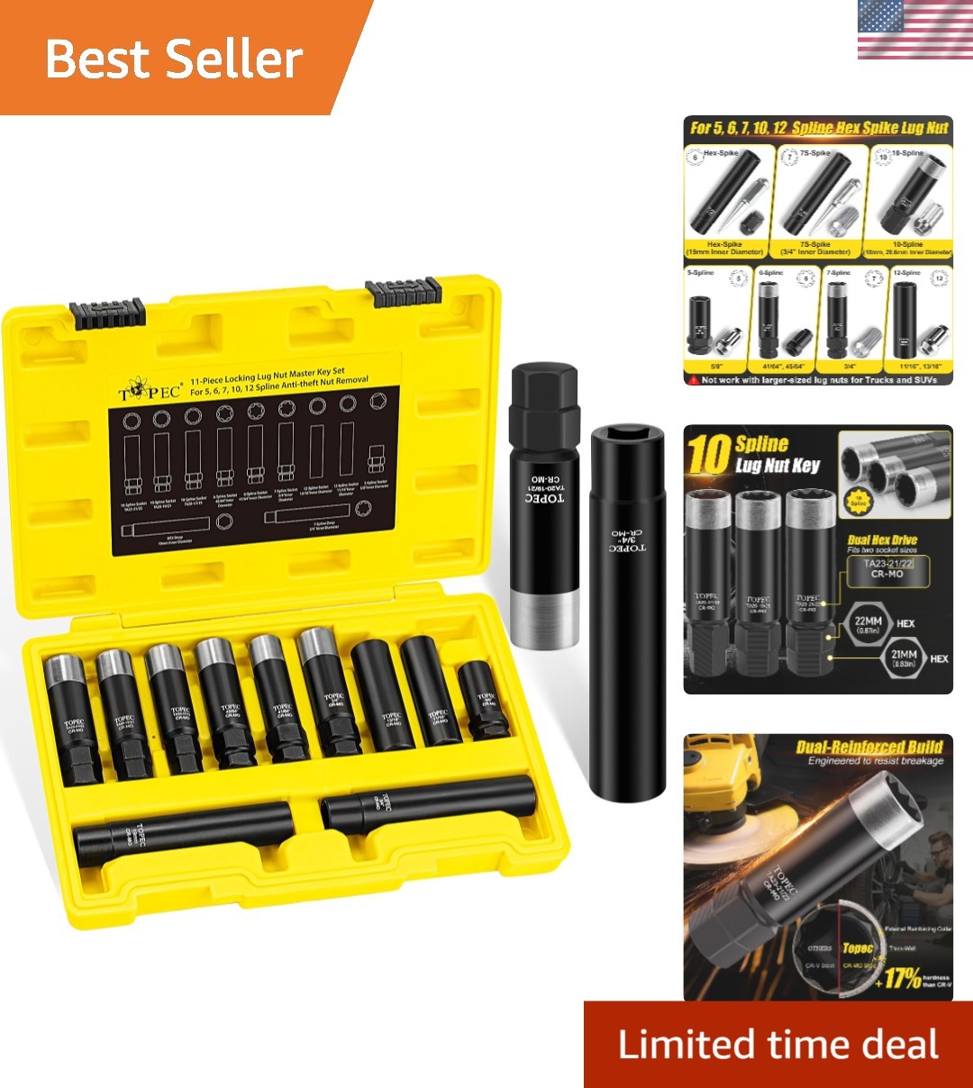 11PCS Lug Nut Key Set for Spline, Spike, Hex Locks Wheel Lock Removal Kit