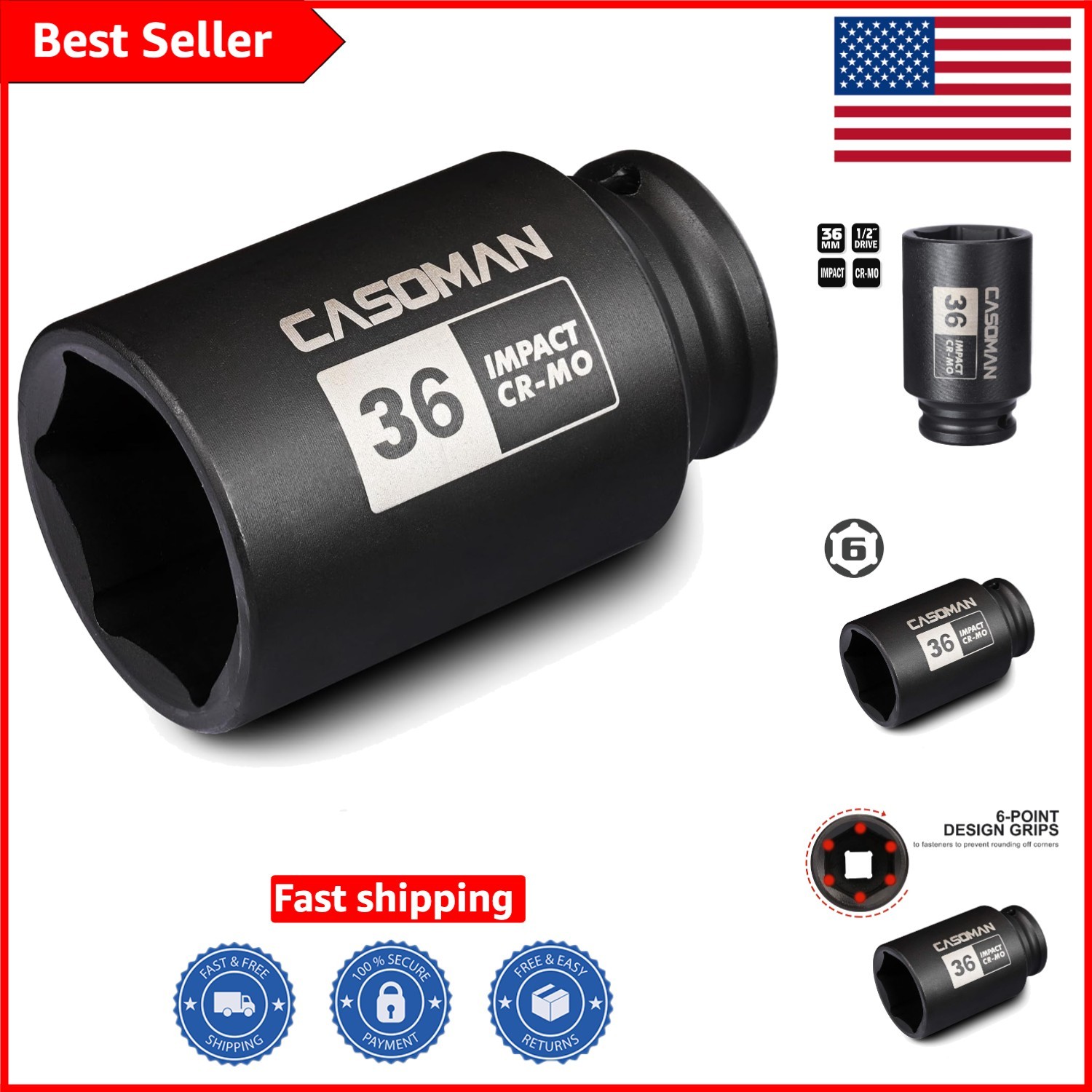 1/2″ Drive 36mm Deep 6 PT Impact Socket – Durable Chrome Molybdenum Steel