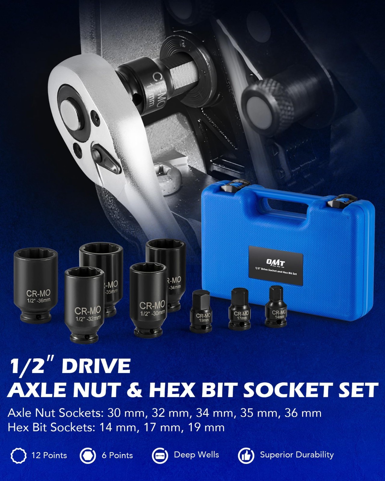 8pc 1/2″ Drive Axle Nut Socket Set – Metric 12 Point Impact Sockets, Extra Deep,