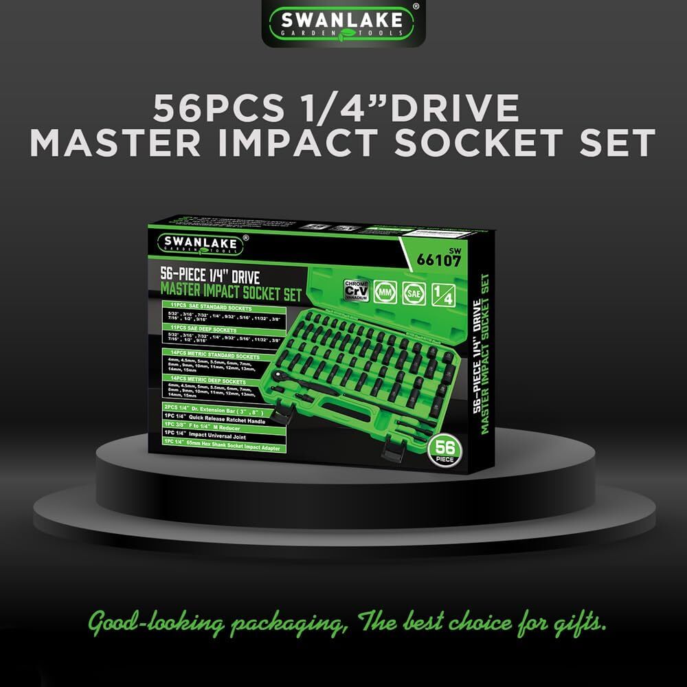 56-Piece 1/4″ Drive Master Impact Socket Set, Standard SAE and Metric Sockets
