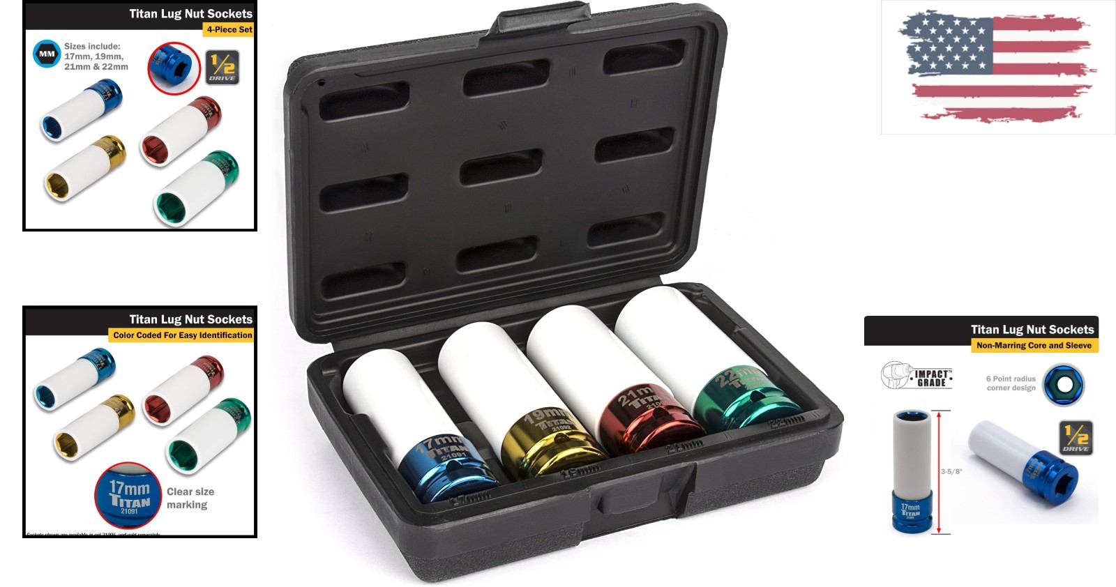 4-Piece 1/2-Inch Drive Non-Marring Impact Lug Nut Socket Set – Chrome-Moly Steel