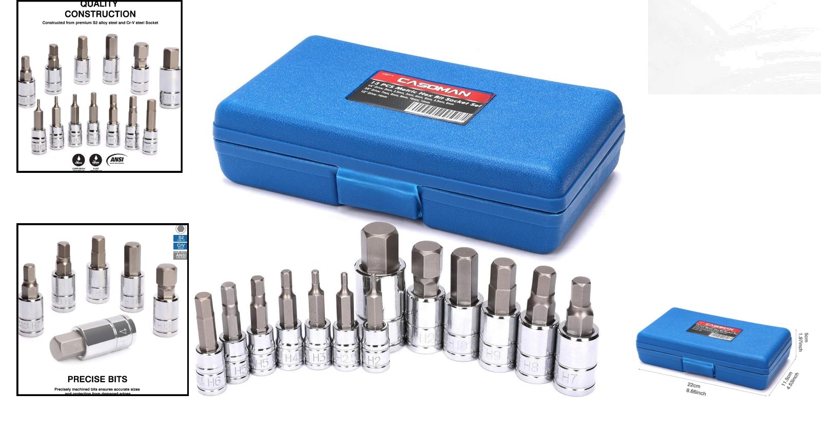 Casoman 13 Piece Metric Hex Bit Socket Set – S2 Steel & Mirror Chrome Finish