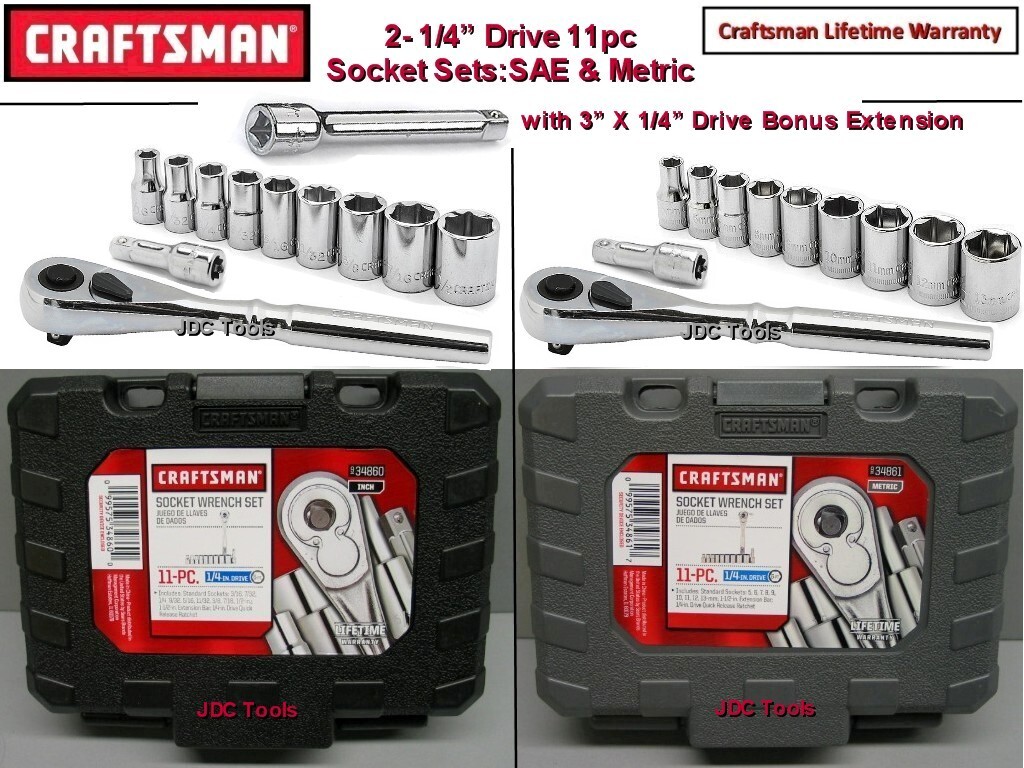 CRAFTSMAN TOOLS 2 – 1/4″ Drive 11 pc Socket Sets – 1 SAE and 1 Metric w 3″ Ext.