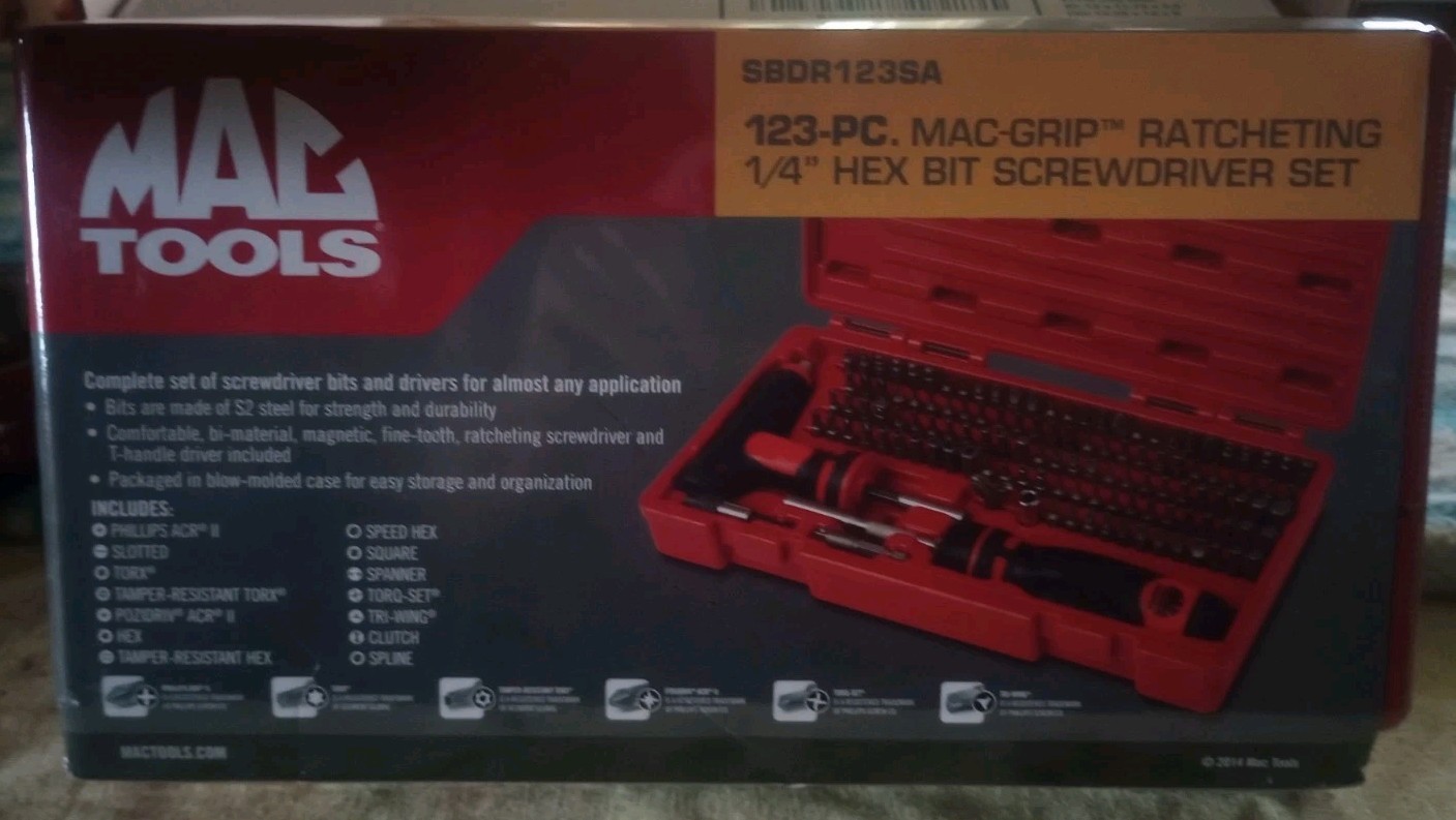 Mac Tools SDBR123SA 123 PC. Watching Bit Screwdriver Set. New