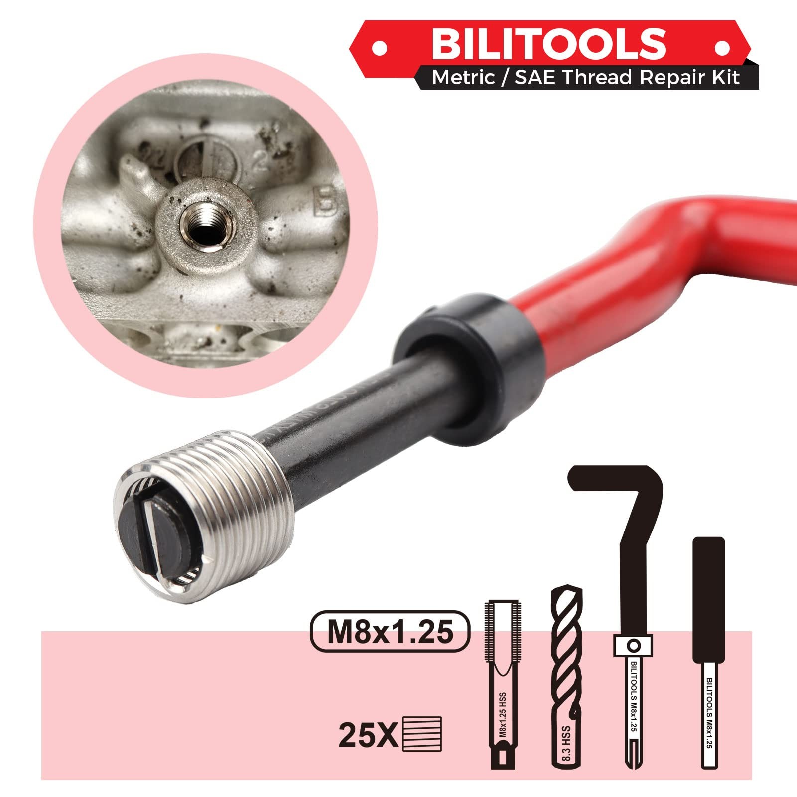 BILITOOLS M8x1.25 Thread Repair Kit, HSS Drill Helicoil M8 x 1.25, Metric