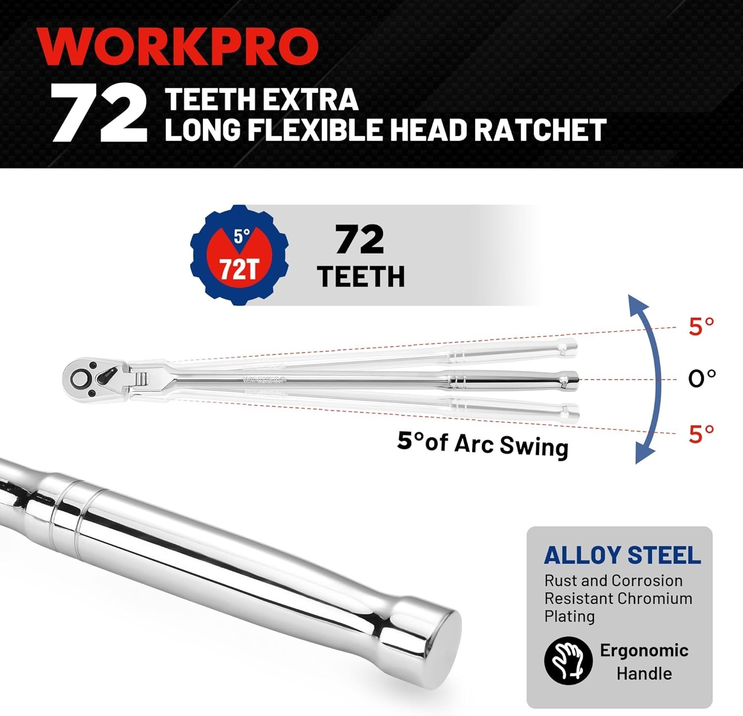 1/4″ Drive 72 Tooth Quick Release Locking Flex Slim Head Ratchet, 12″ – 81030