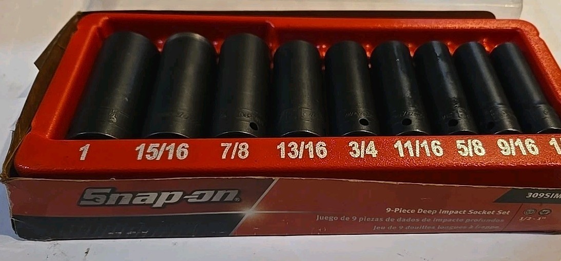 Snap-on 9 pc. 1/2″ drive 6 pt. SAE Flank Drive Deep Impact Socket Set 309SIMYA