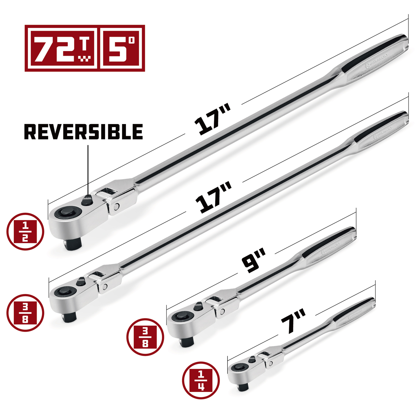 Powerbuilt 4 Piece 72 Tooth Pro Tech Long Reach Flex Head Ratchet Set with