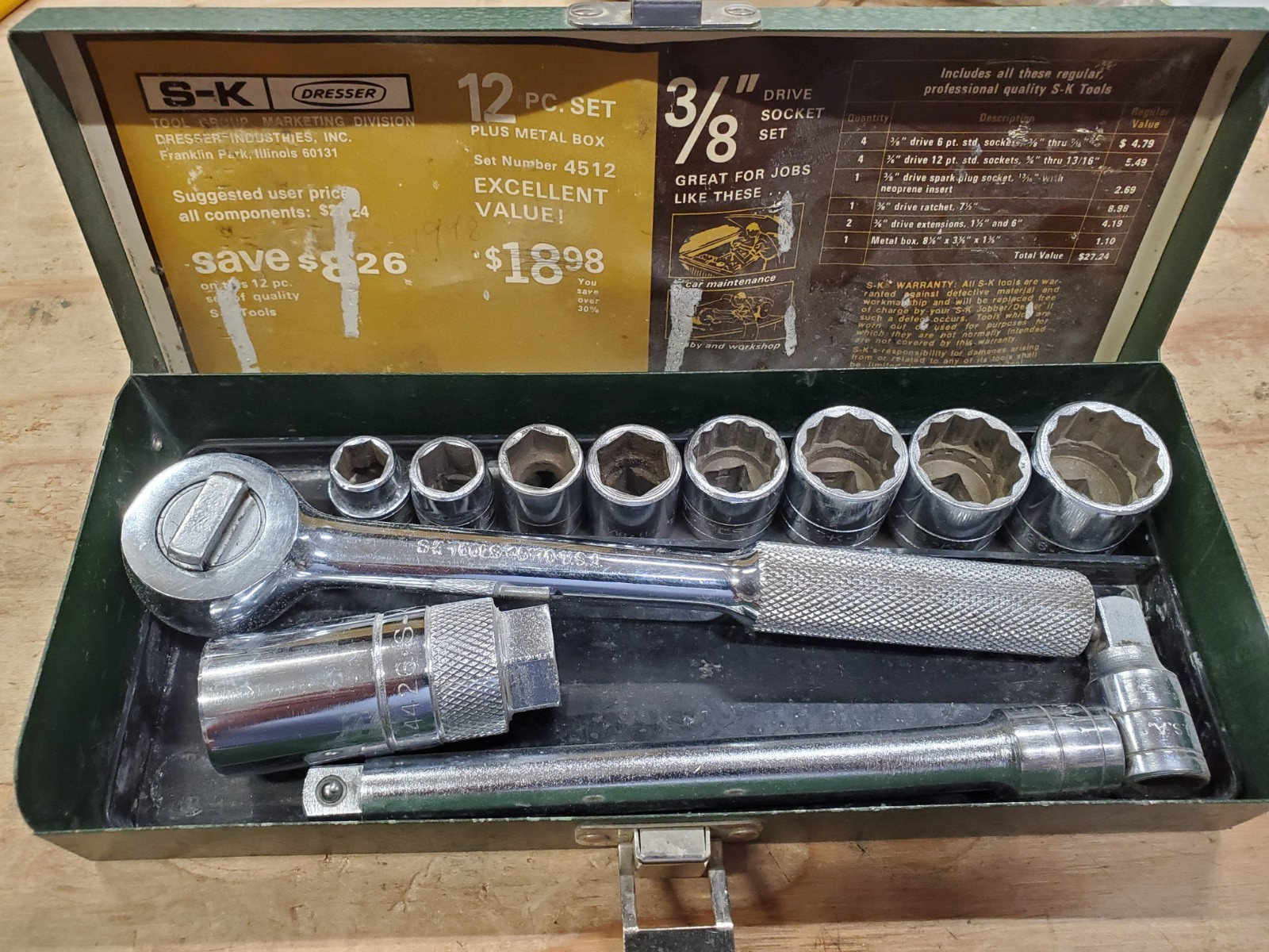 Vintage S-K Tools 3/8″ Drive Socket Set 12 Pieces Made in USA Green Box