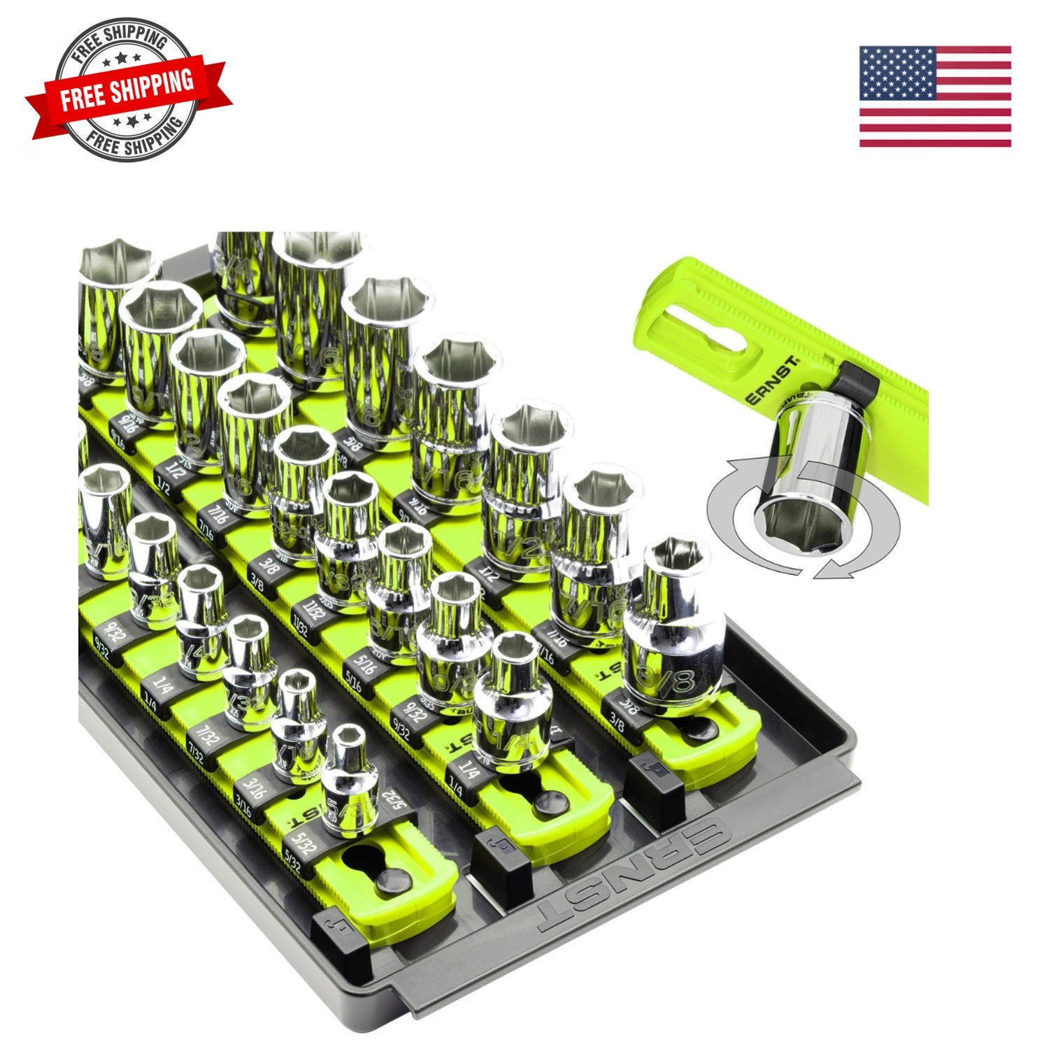 8-Inch Socket Boss, 3-Rail Socket Tray, HI-VIZ – 1/4″, 3/8″ & 1/2″ Drive Twis…