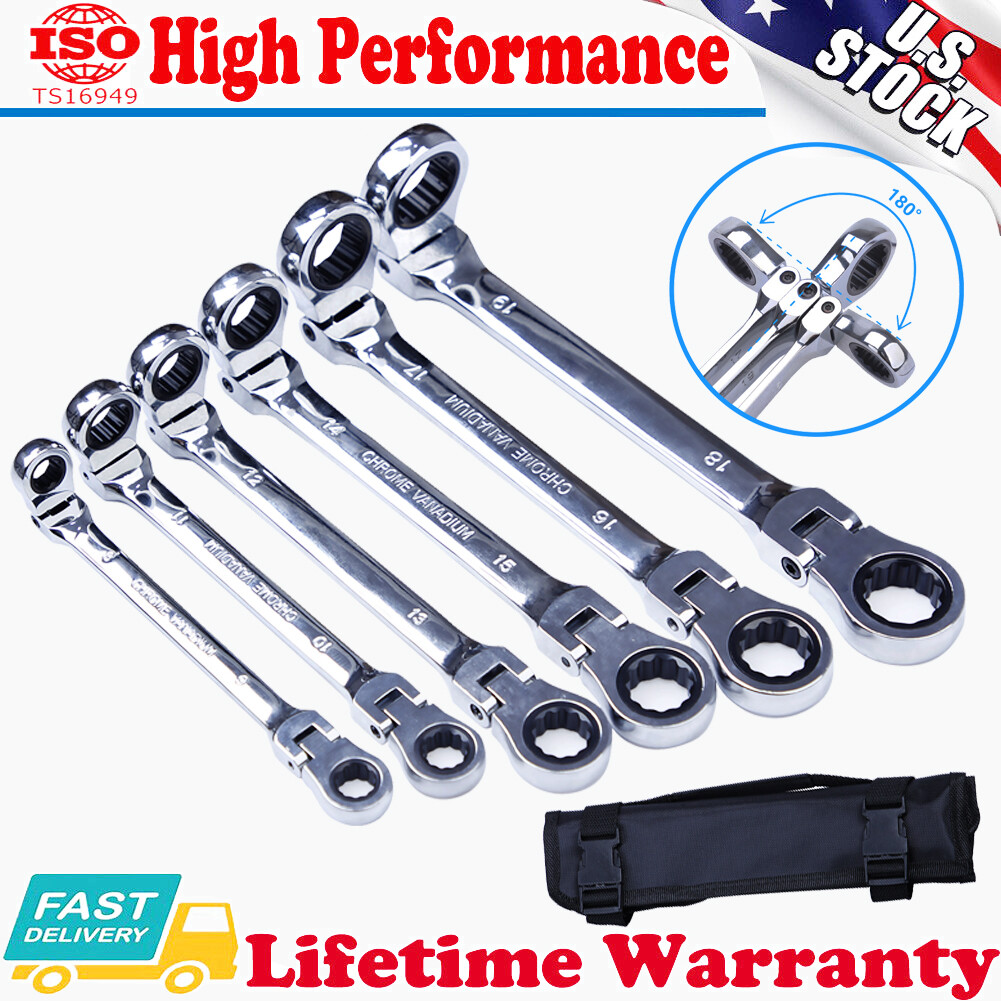 6Pc Heavy Duty Double Box End Ratcheting Wrench Flex-Head Extra Long Spanner Kit
