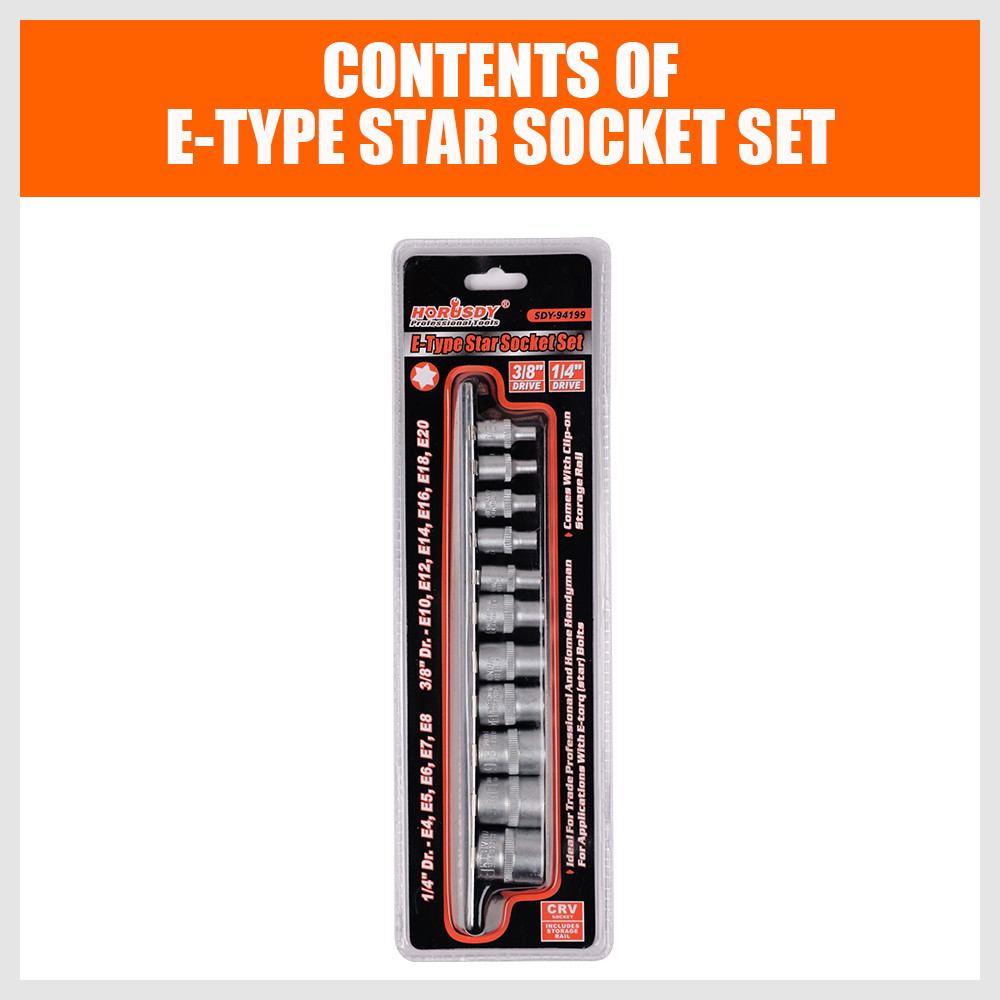 11 pc Torx Star Bit External Female E Socket Set Automotive Shop Tools with Rail