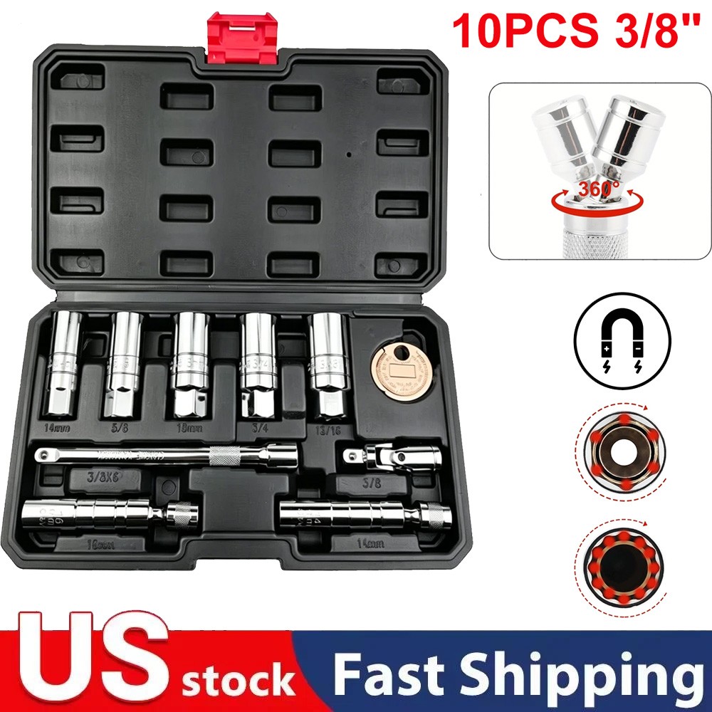 10PCS 3/8″Drive Magnetic Spark Plug Socket Set 6PT&12PT Extension Bar CR-V Steel