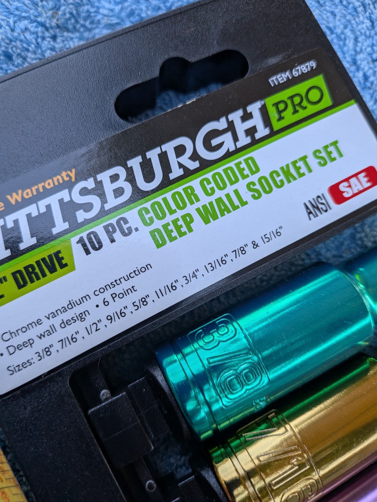 Pittsburgh Pro 1/2″Dr. Color Coded Deep Socket Set #67879 Nice