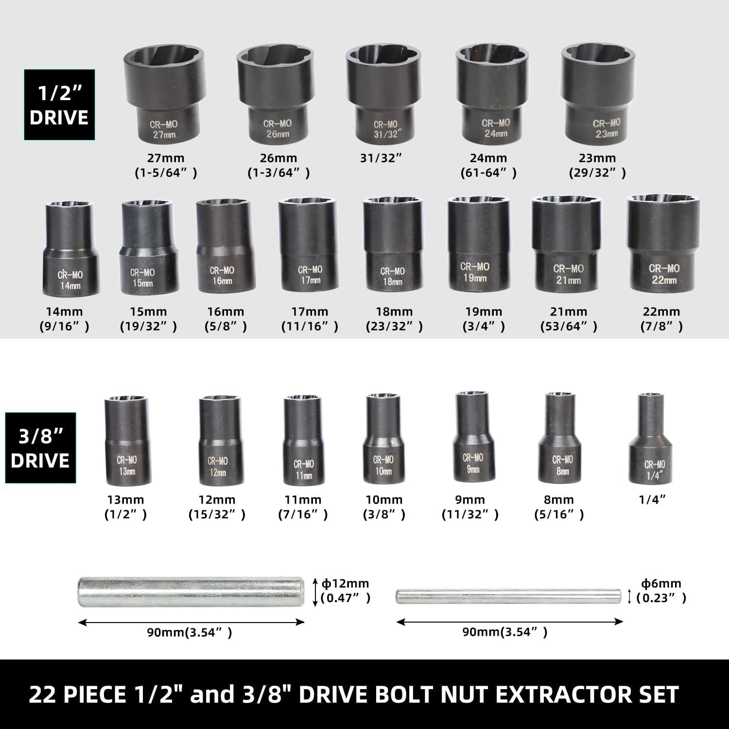 22 Piece Bolt Nut Extractor Set, 1/2″ and 3/8″ Drive Impact Lug Nut Remover Sock