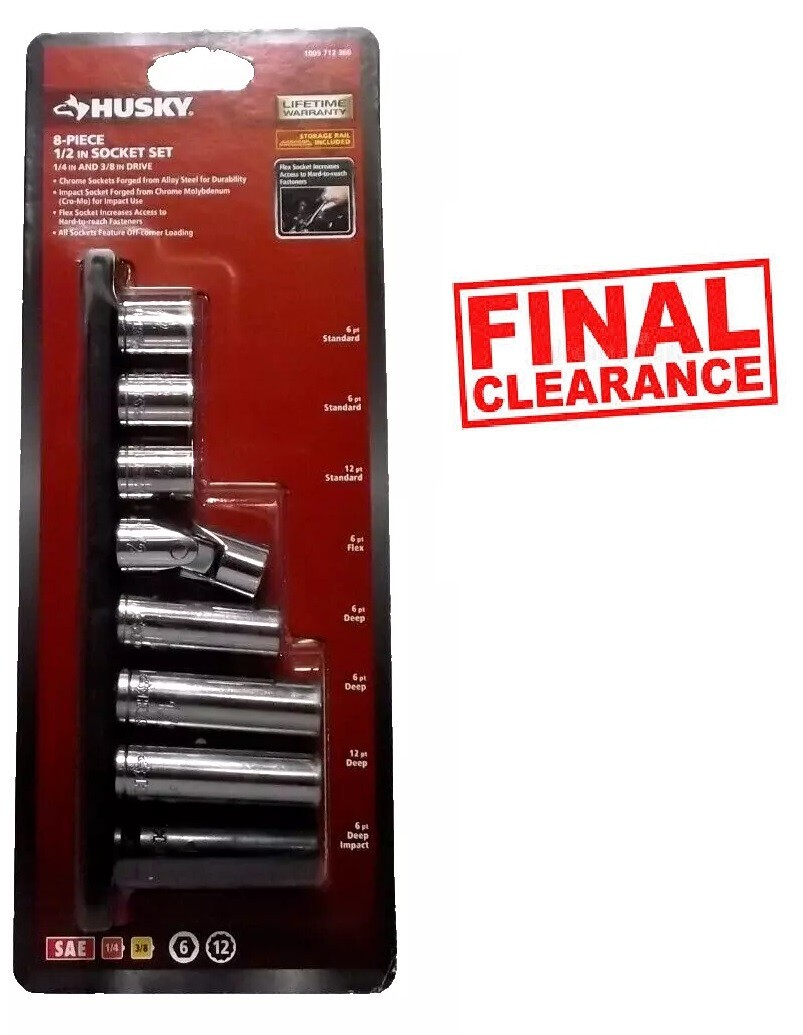 Husky 8 Piece SAE 1/2 in. Socket Set 1/4 in. and 3/8 in. Drive NEW